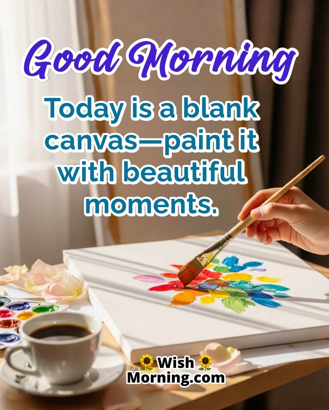 Good Morning image featuring artist with a blank canvas symbolizing creativity and the beauty of a new day.