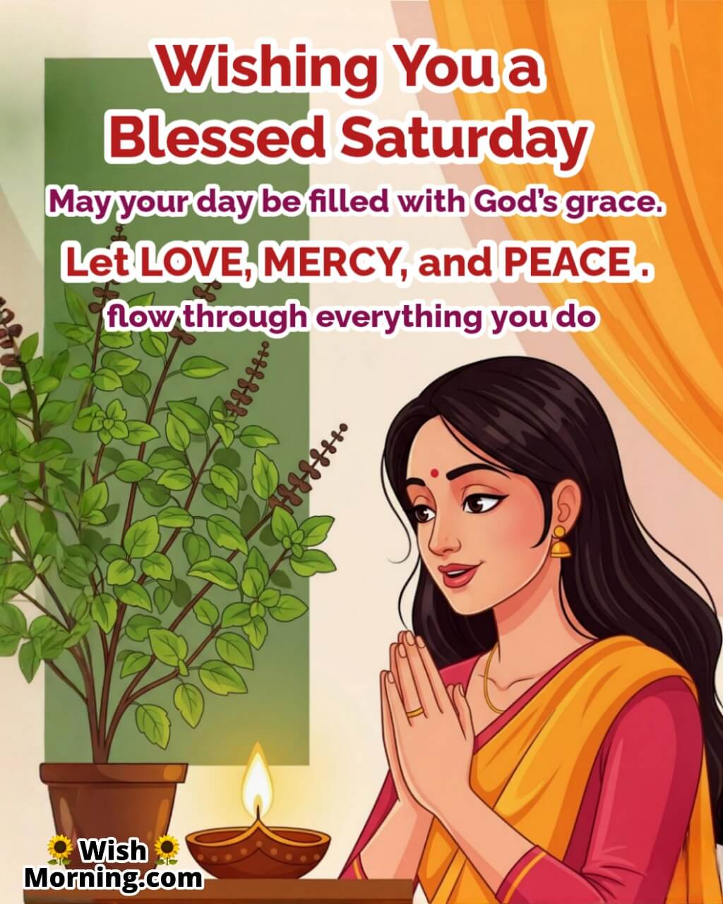 Blessed Saturday Morning Message image featuring a woman offering morning prayer near a tulsi and diya, symbolizing faith, peace, and divine gratitude.