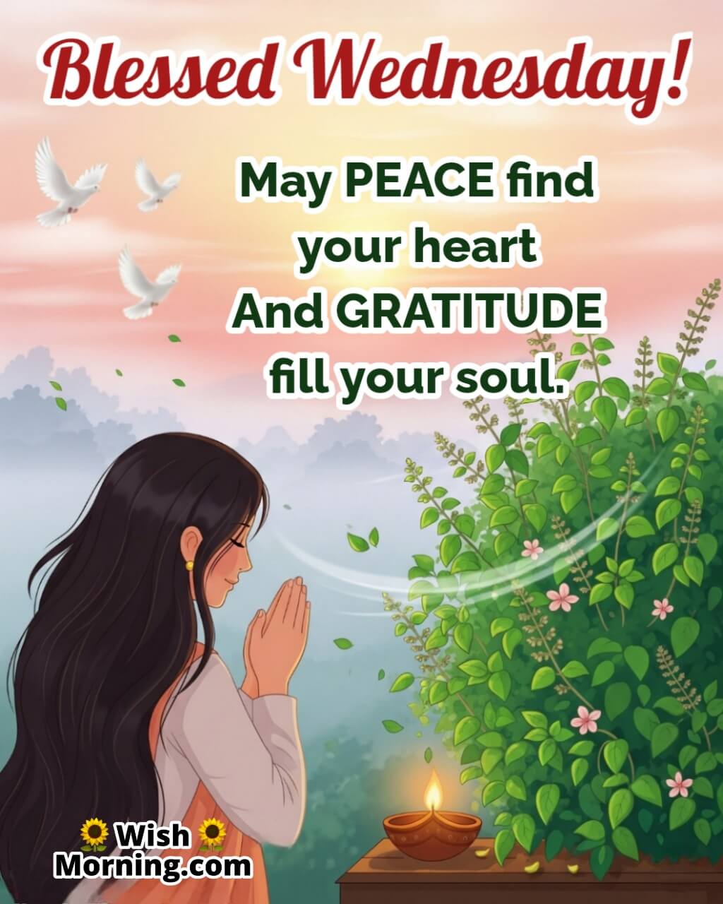 Blessed Wednesday morning featuring diya at Tulsi plant and sunrise glow, symbolizing peace, devotion, and gratitude.