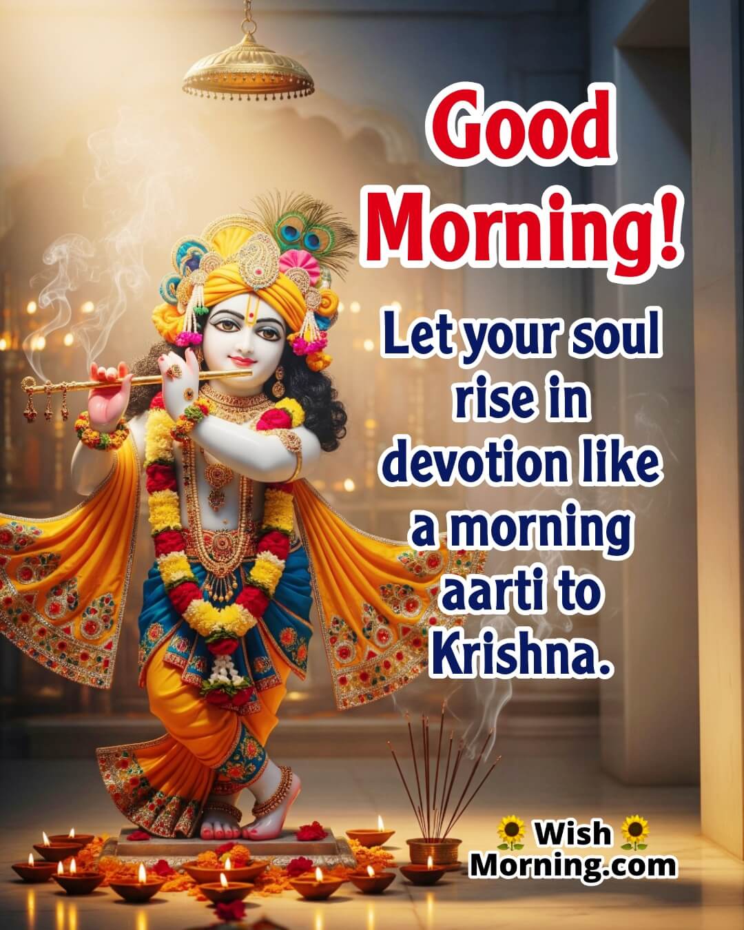 Devotional Krishna Peaceful Morning image featuring Krishna idol during morning aarti, placed slightly to one side, with glowing diyas and expressive devotion.