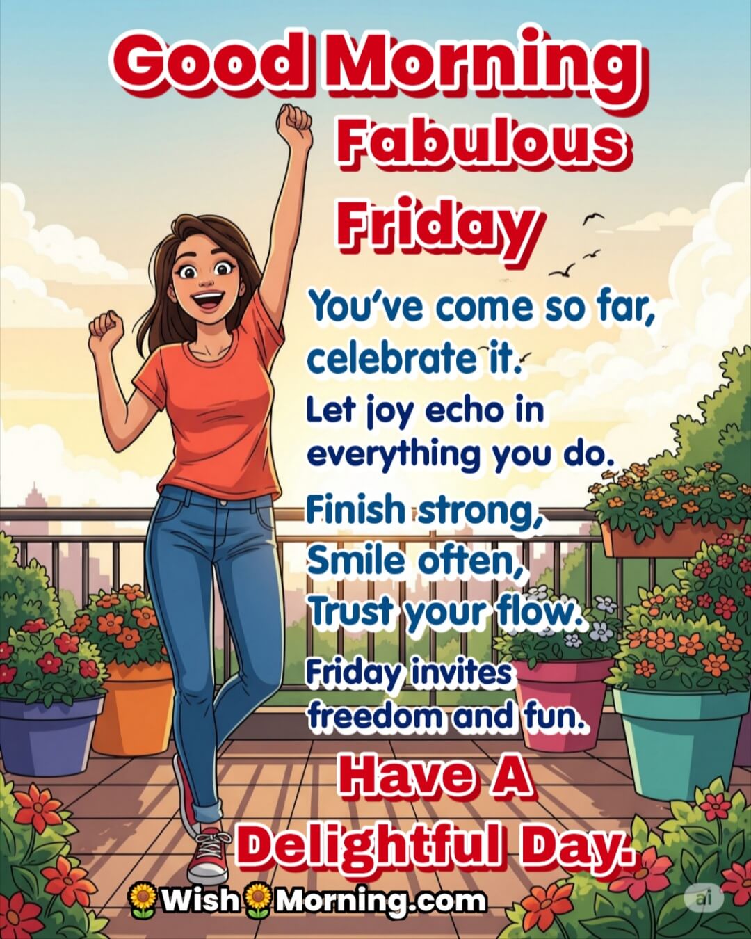 Fabulous Friday quote featuring a joyful girl in a sunny garden path, symbolizing freedom, flow, and celebration of progress.