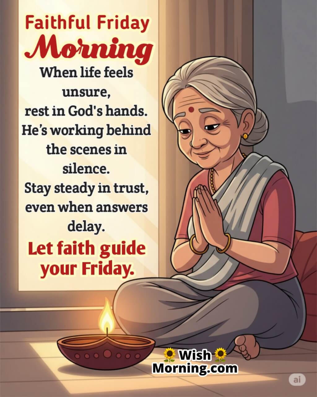 Faithful Friday Spiritual Wish image featuring an elderly woman praying by a candle near a sunlit window, symbolizing peace, trust, and divine guidance.