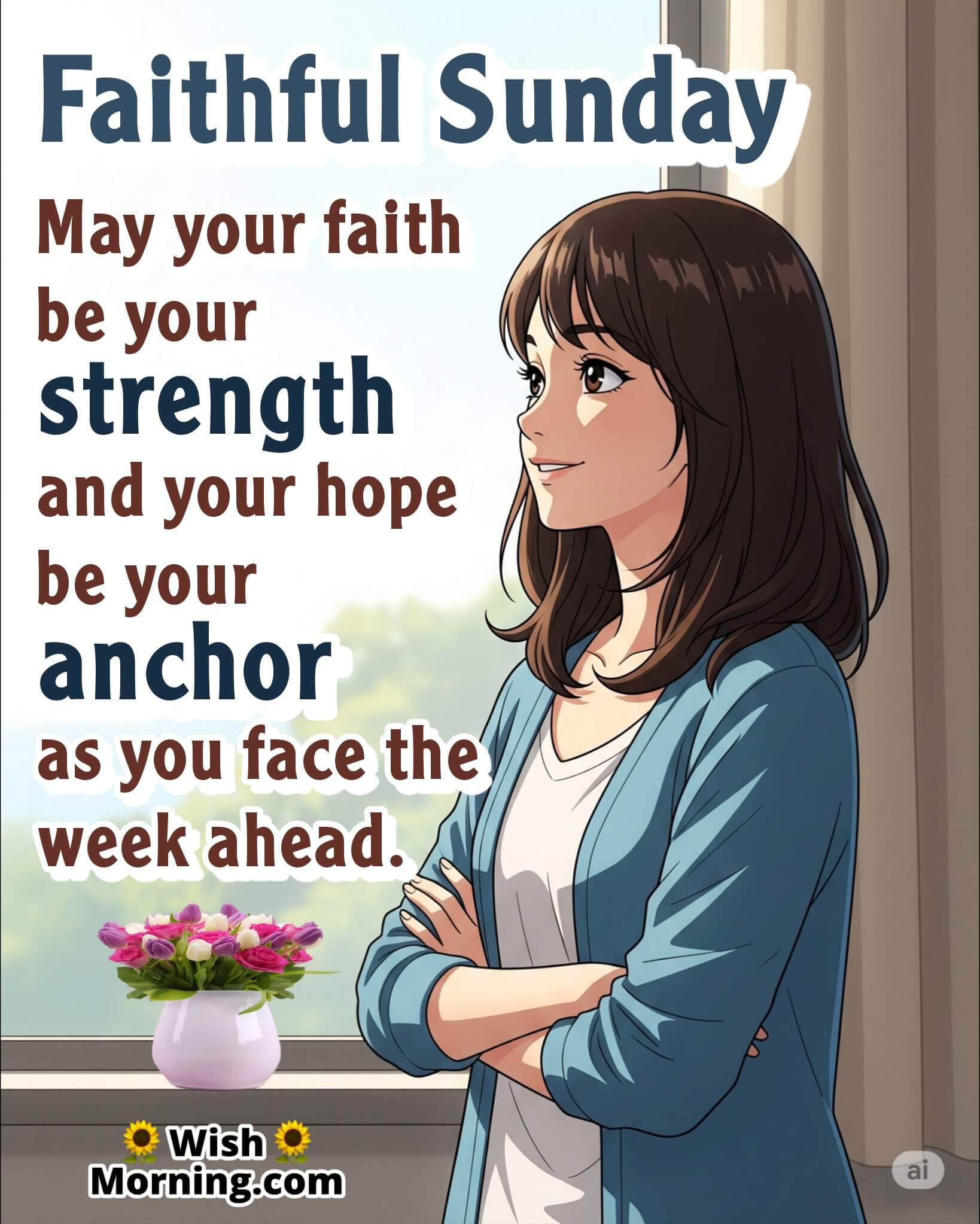 Faithful Sunday Encouragement Wish featuring a person looking hopefully out a window, symbolizing faith and hope as anchors for the coming week.