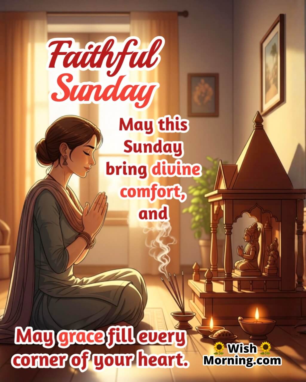 Faithful Sunday Morning Blessing Image featuring a woman praying in a peaceful home mandir with diya and incense symbolizing faith, comfort, and divine blessing.