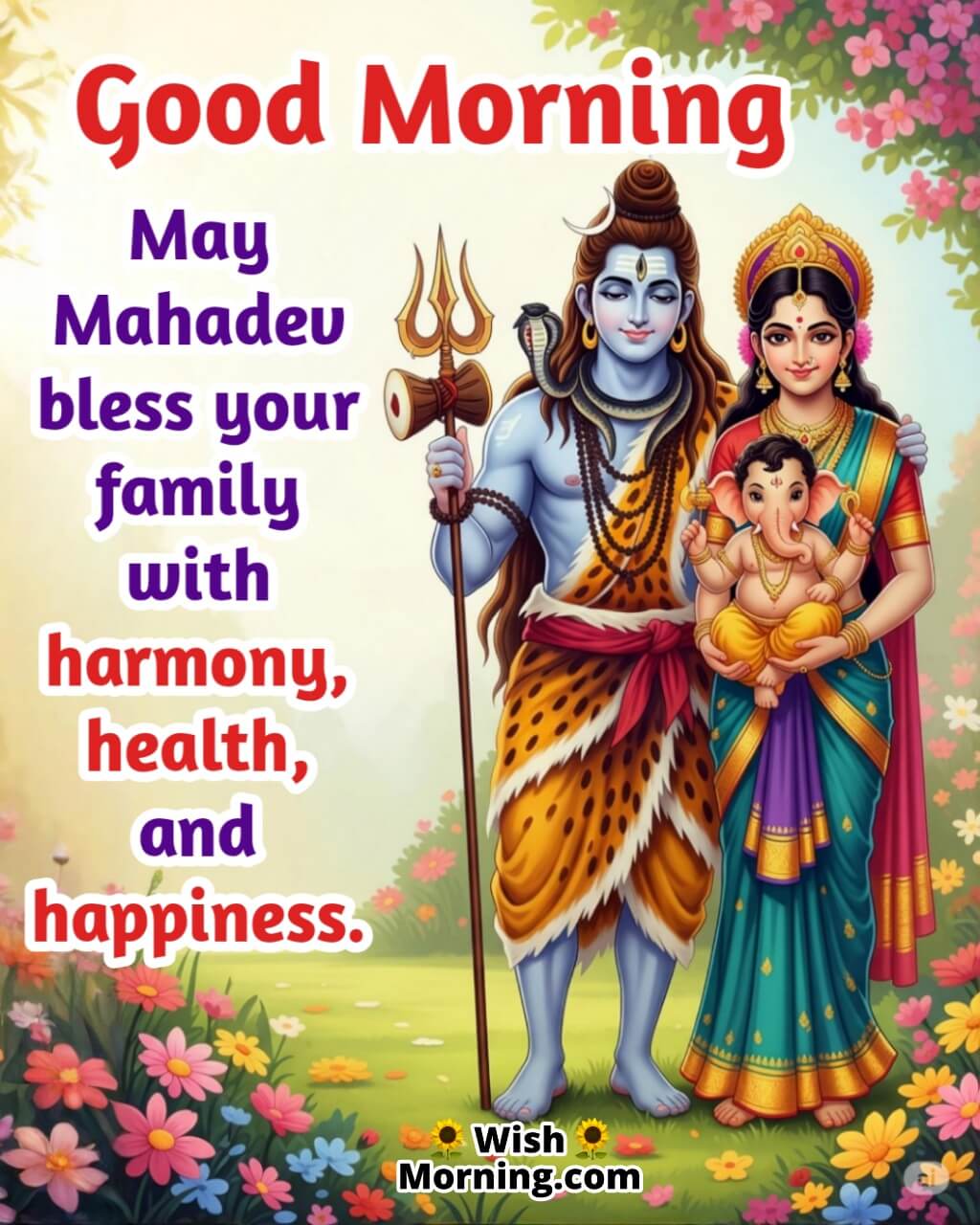 Family Blessing Shiva Good Morning Message featuring Shiva, Parvati, and Ganesha together, symbolizing harmony and divine family blessings