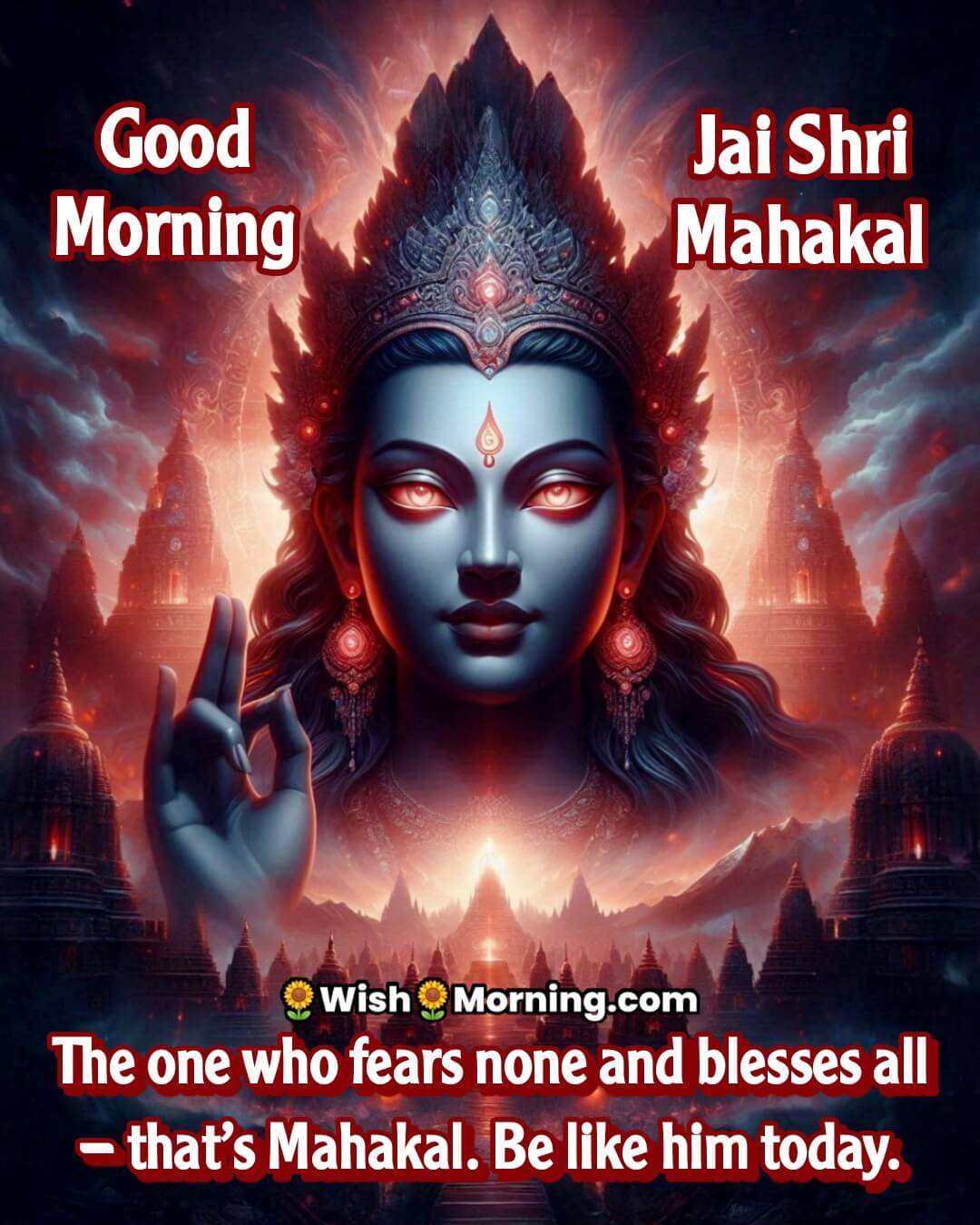 Bold Mahakal image with  radiant aura at a red dawn temple, symbolizing fearlessness and divine strength.