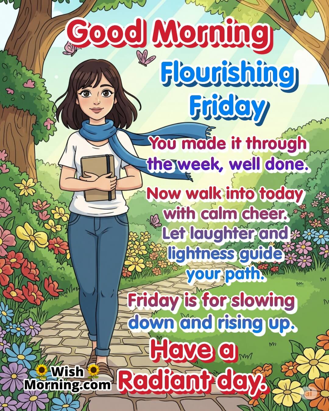 Flourishing Friday quote featuring a calm girl walking in a blooming garden with soft sunlight, symbolizing cheerful growth and mindful joy.
