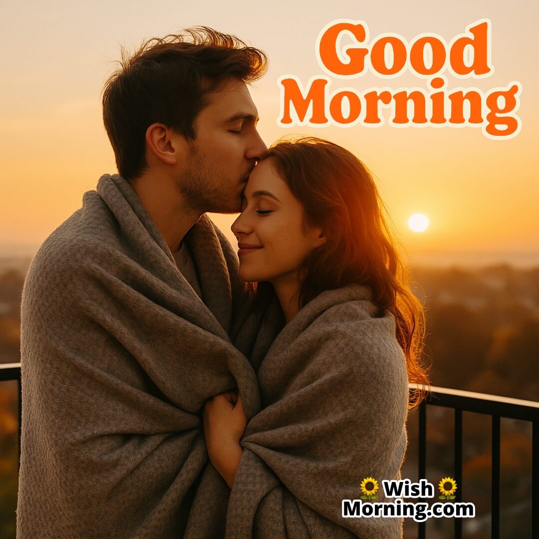 Forehead Kiss Good Morning image featuring balcony hug and forehead kiss, symbolizing warmth and closeness.