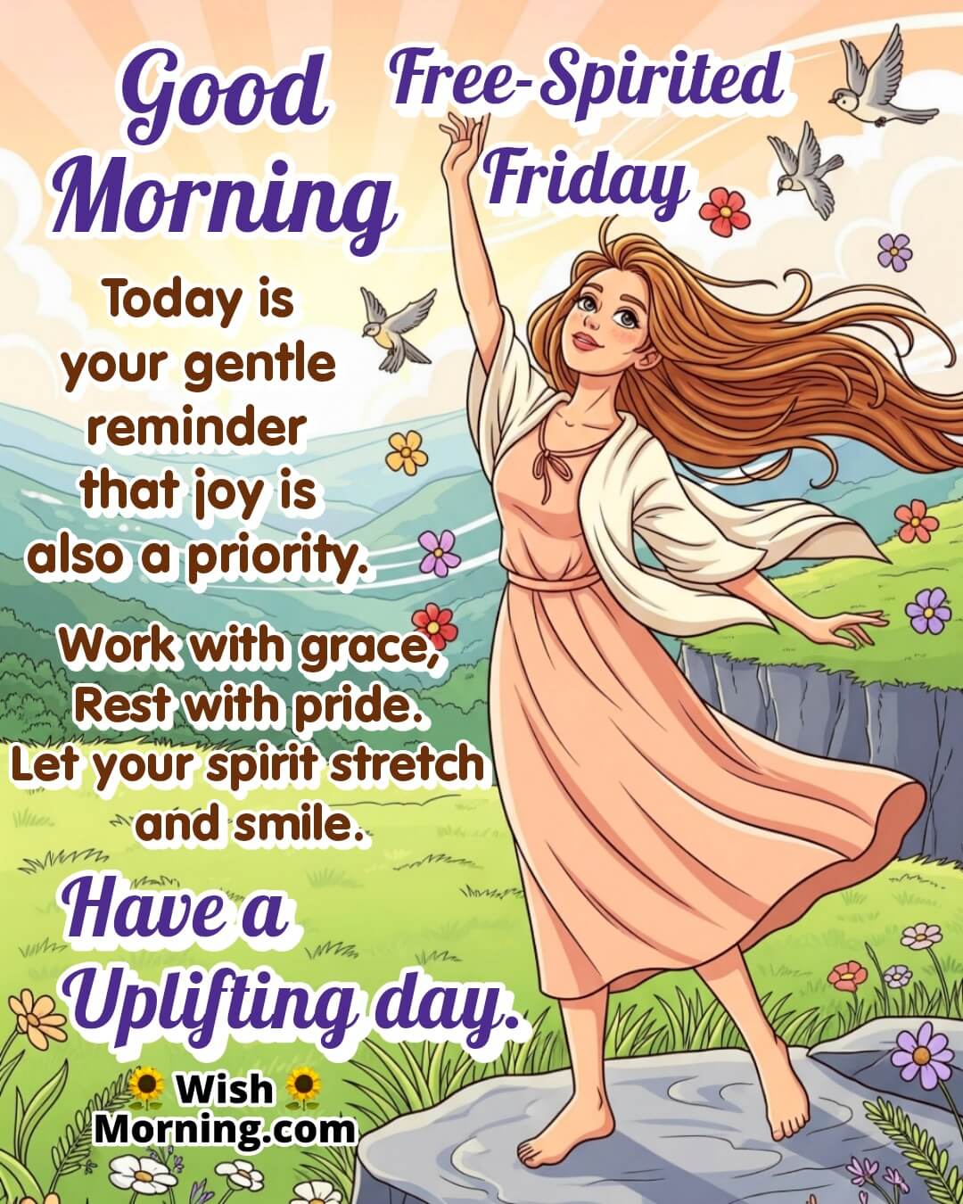 Free-Spirited Friday quote featuring a peaceful girl stretching on a sunny cliffside meadow, symbolizing joyful energy and mindful balance.