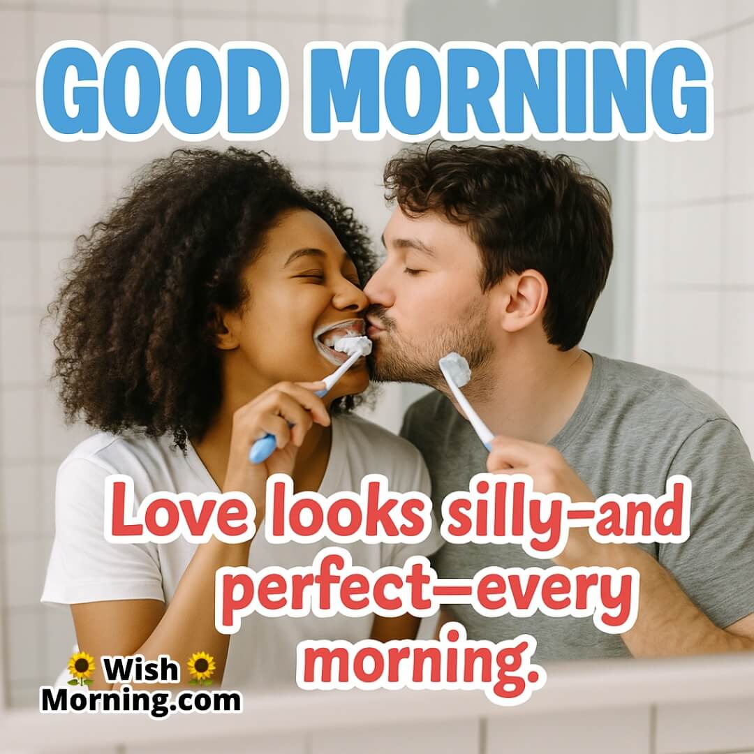 Funny Playful Kiss Good Morning image showing bathroom laughter and love, symbolizing fun-filled mornings.