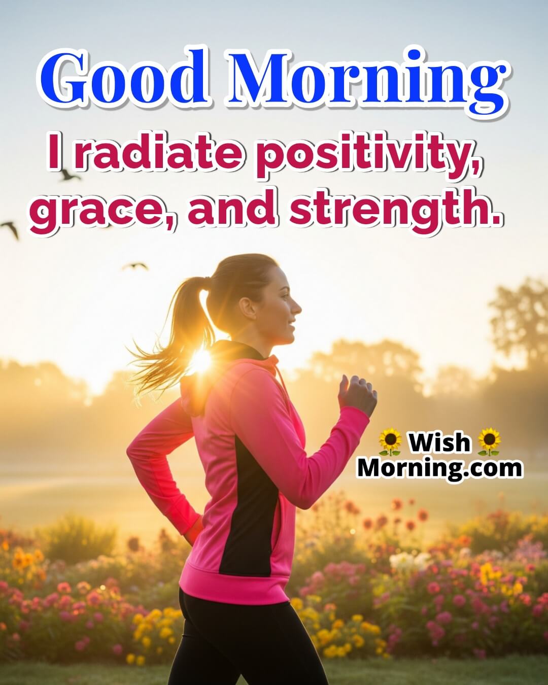 Good Morning Affirmation image featuring a woman jogging with morning sunlight, symbolizing radiance and inner strength.