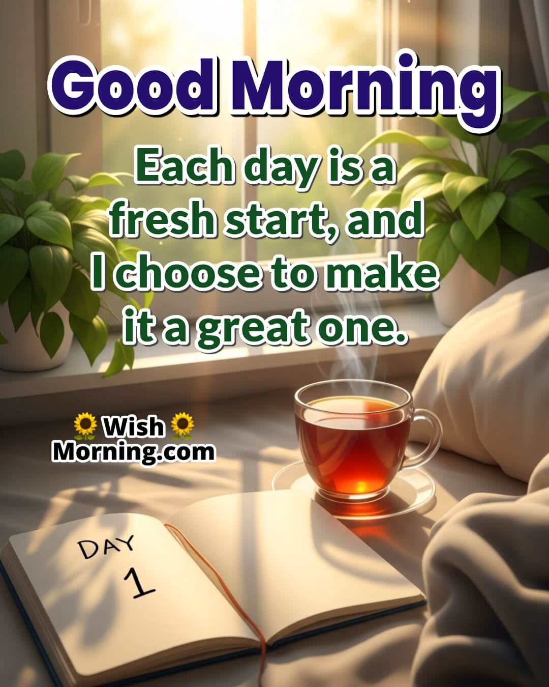 Good Morning Affirmation image featuring sunlight, tea, and journal symbolizing a fresh start and personal choice.