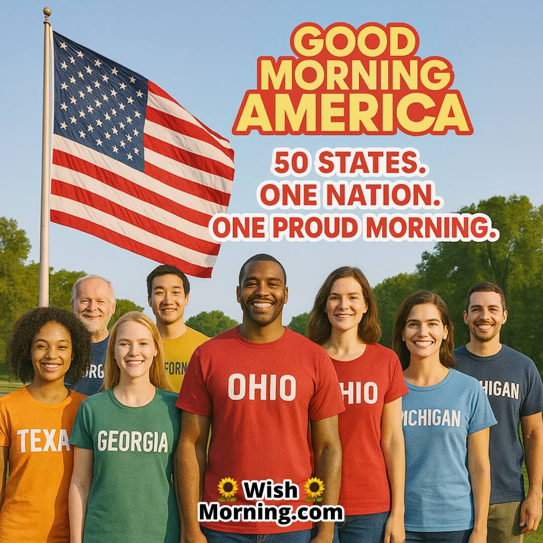 Good Morning America With Flag image featuring group in state shirts, symbolizing unity in diversity across America.
