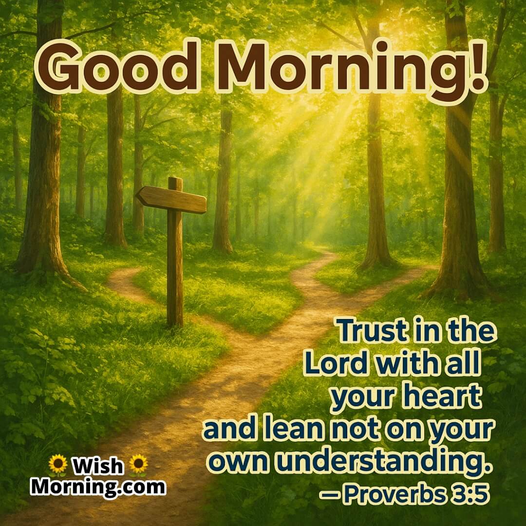 Good Morning Bible Quote for Guidance featuring a forest path with sunrise and a signpost, symbolizing direction and trust in God's way.