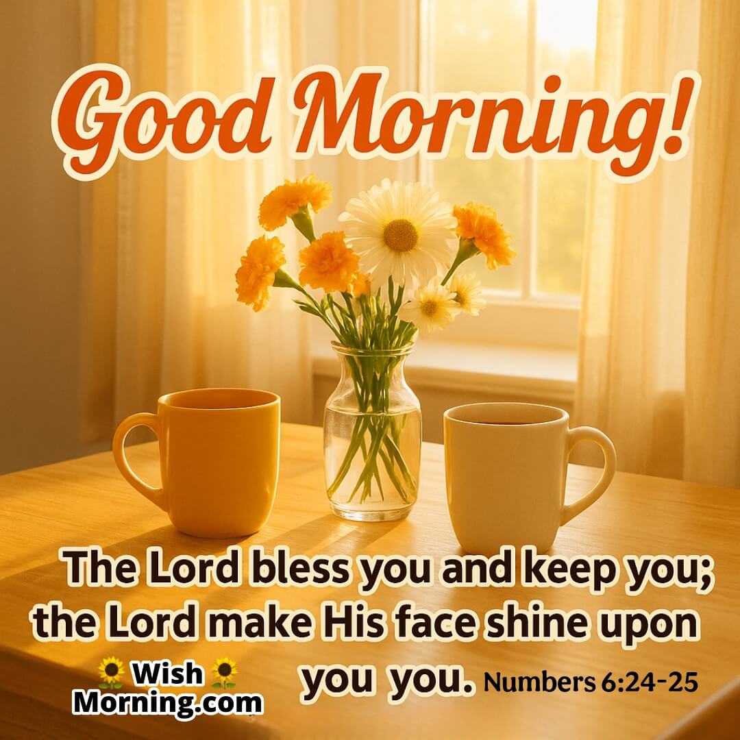 Good Morning Bible Quote to Share with Loved Ones featuring a cozy breakfast table, sunlight, and flowers symbolizing warmth and blessing.