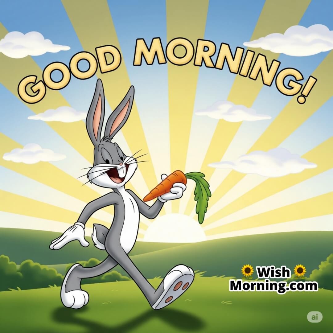 Bugs Bunny setting off for a new day with joy and confidence under a bright morning sun.