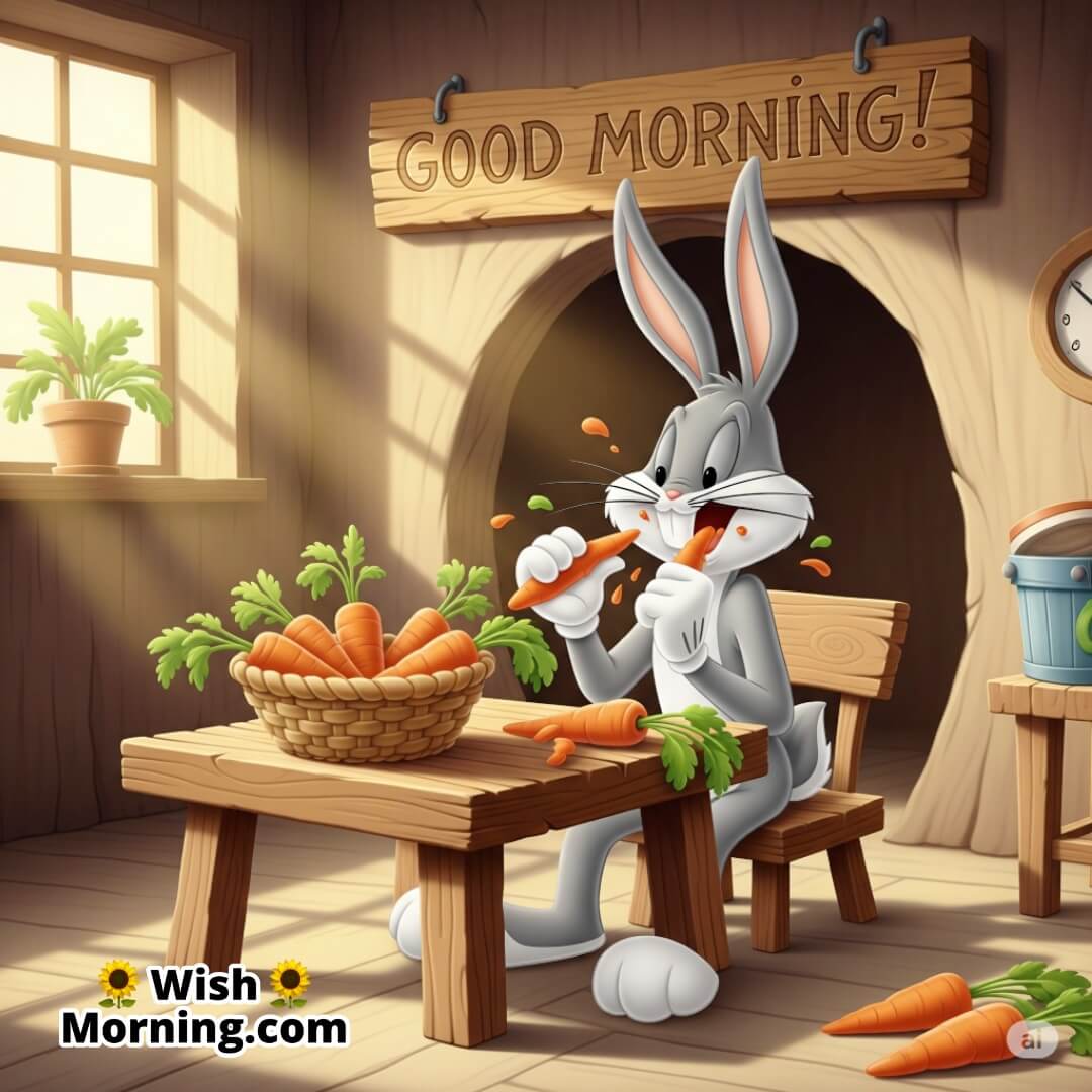 Bugs Bunny enjoying his morning carrot breakfast in a sunny cartoon burrow.