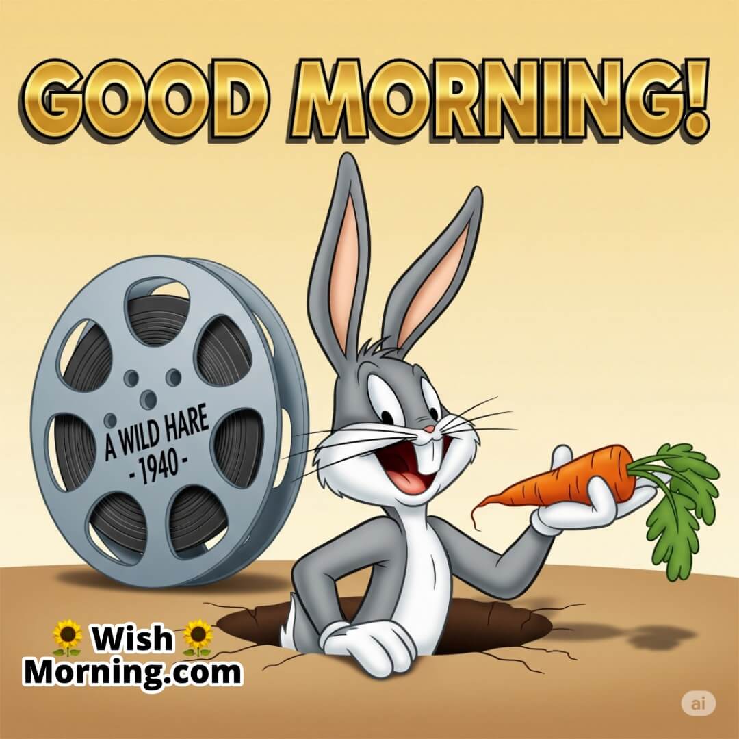 Bugs Bunny celebrating his 1940 film debut in a bright cartoon scene with “Good Morning” text.