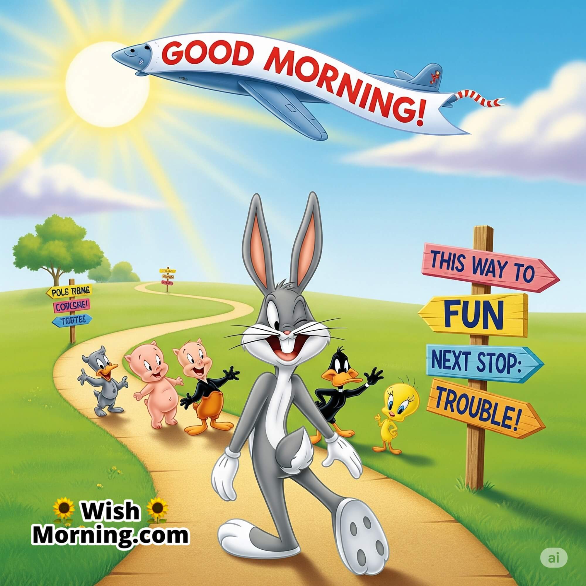 Bugs Bunny hopping joyfully down a cartoon path as Looney Tunes friends wave goodbye, with a high-energy morning mood.