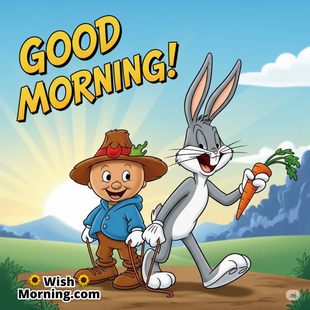 Bugs Bunny outsmarting Elmer Fudd in a witty cartoon moment, cheerful morning setting.