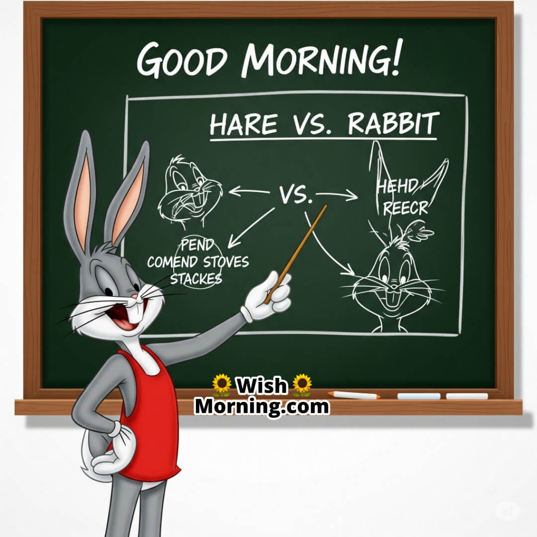 Bugs Bunny giving a classroom lesson on hares and rabbits, humorous educational morning scene.