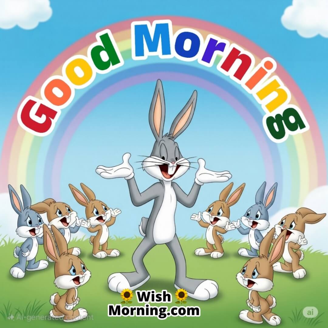 Bugs Bunny cheering up baby bunnies with laughter and kindness on a bright morning.