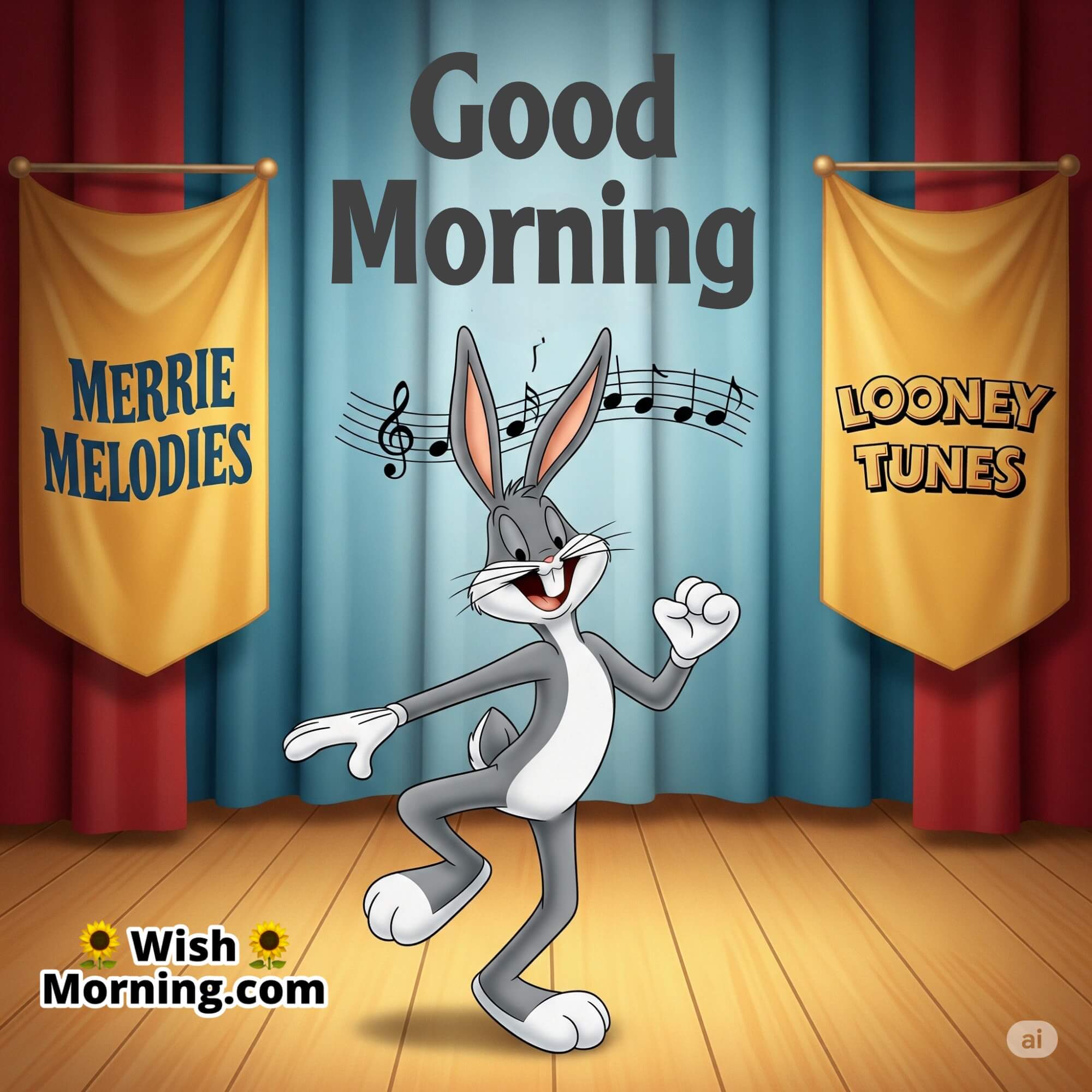 Bugs Bunny performing under Merrie Melodies and Looney Tunes signs with morning joy.