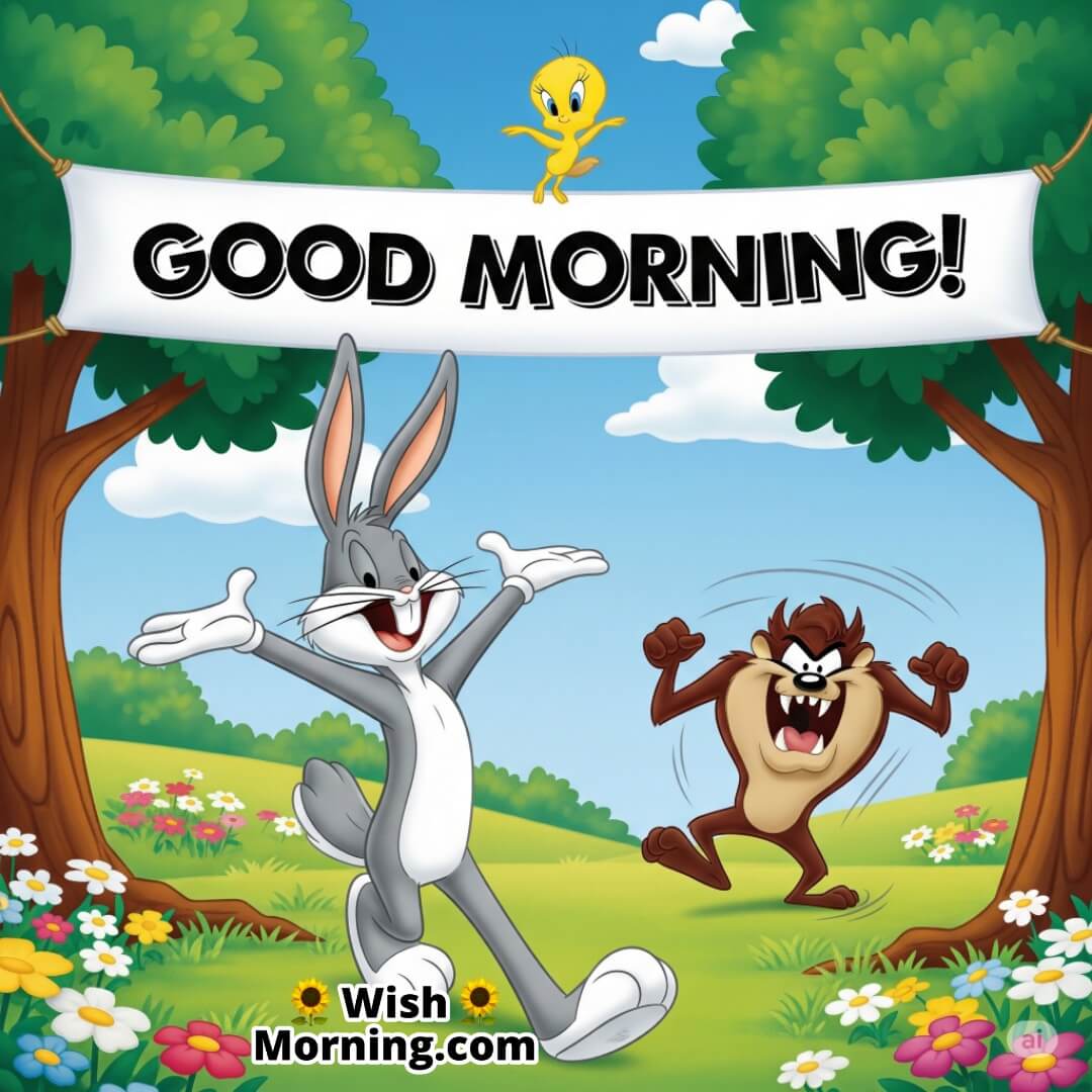 Bugs Bunny greeting Looney Tunes friends in a cheerful springtime meadow.