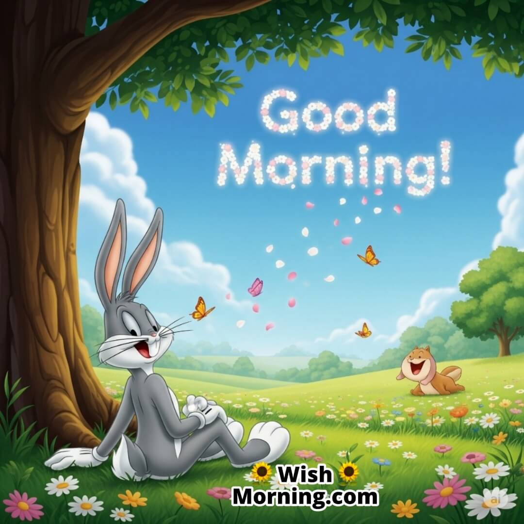 Bugs Bunny enjoying the peaceful beauty of a Looney Tunes morning with nature around.