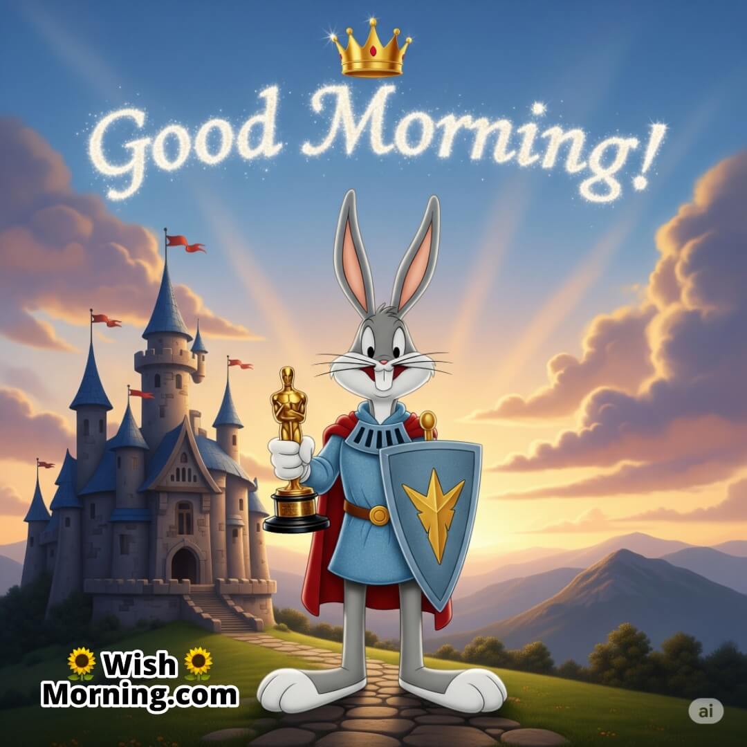 Bugs Bunny holding an Oscar in a medieval cartoon scene, celebrating his award with morning cheer.