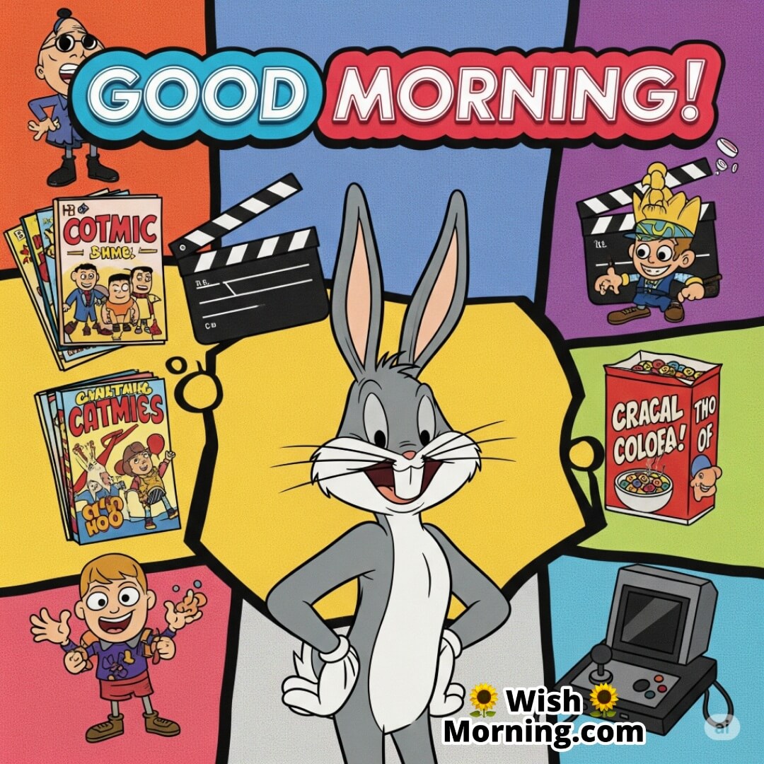 Bugs Bunny in a pop culture collage celebrating his fame with a colorful morning vibe.