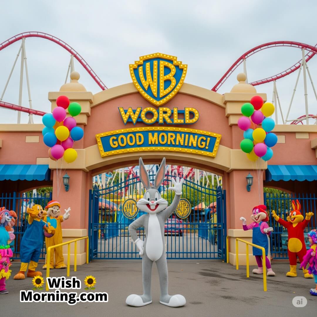 Bugs Bunny at a lively theme park entrance with morning excitement and cartoon cheer.