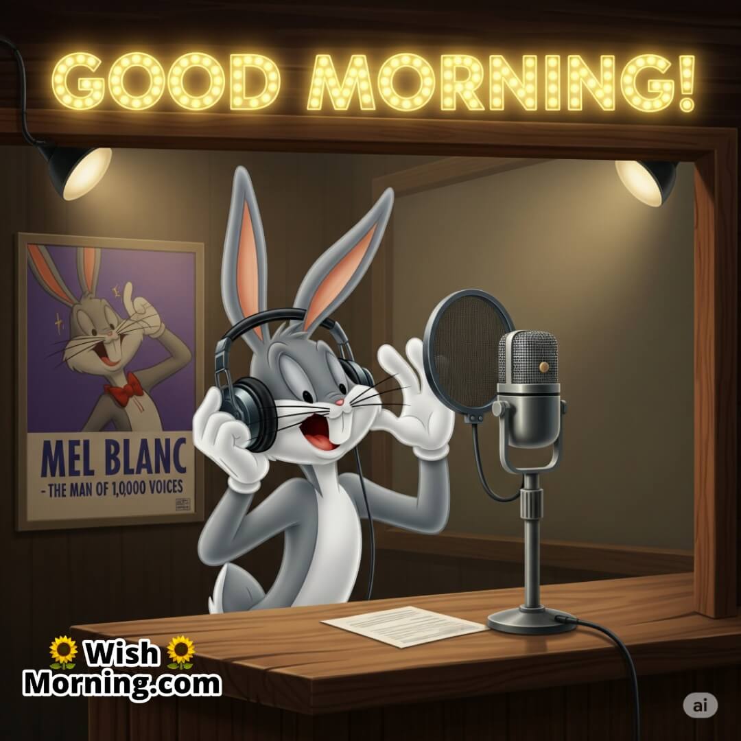 Bugs Bunny recording in a vintage studio, paying tribute to Mel Blanc with a morning broadcast feel.