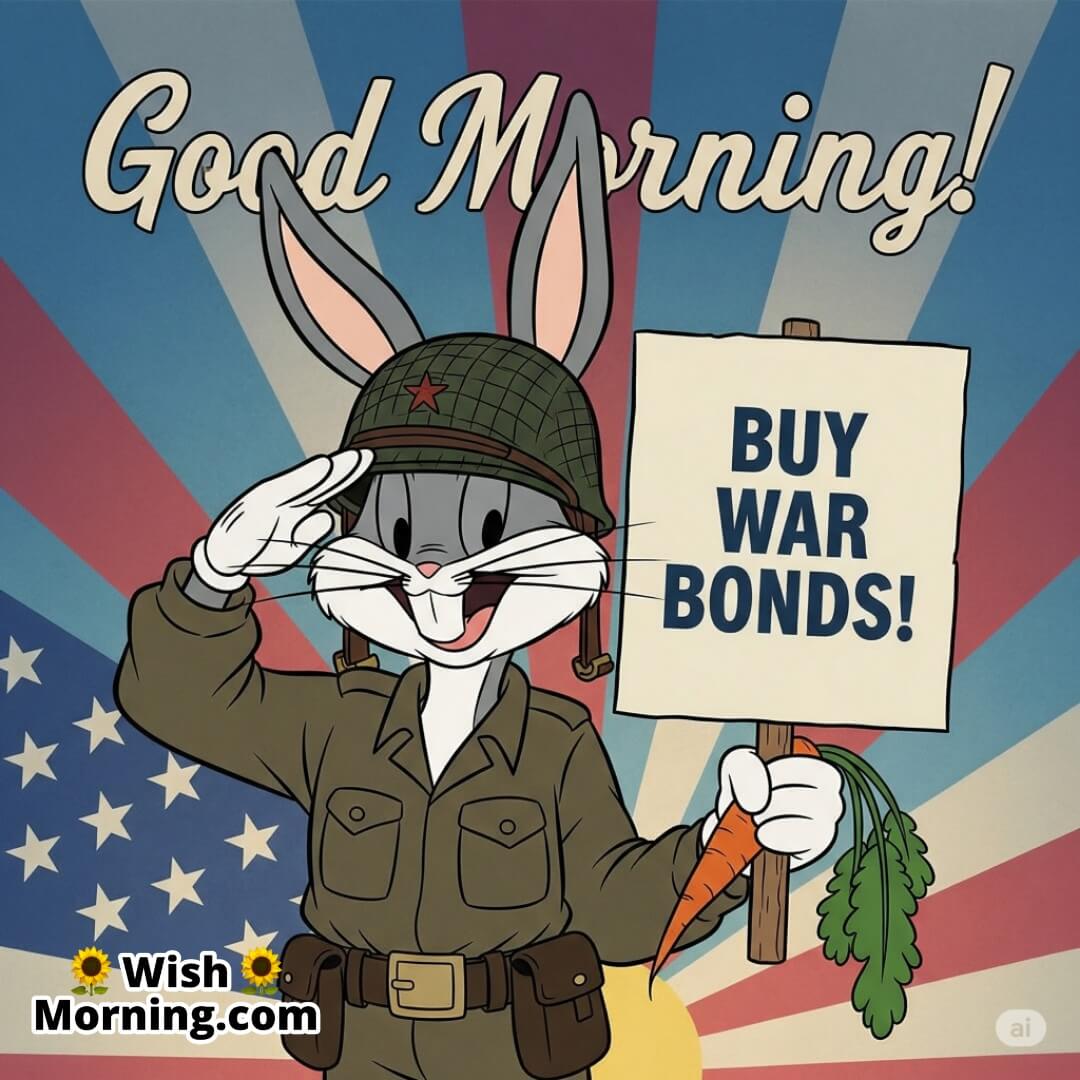 Bugs Bunny promoting war bonds in a 1940s cartoon style with patriotic morning energy.