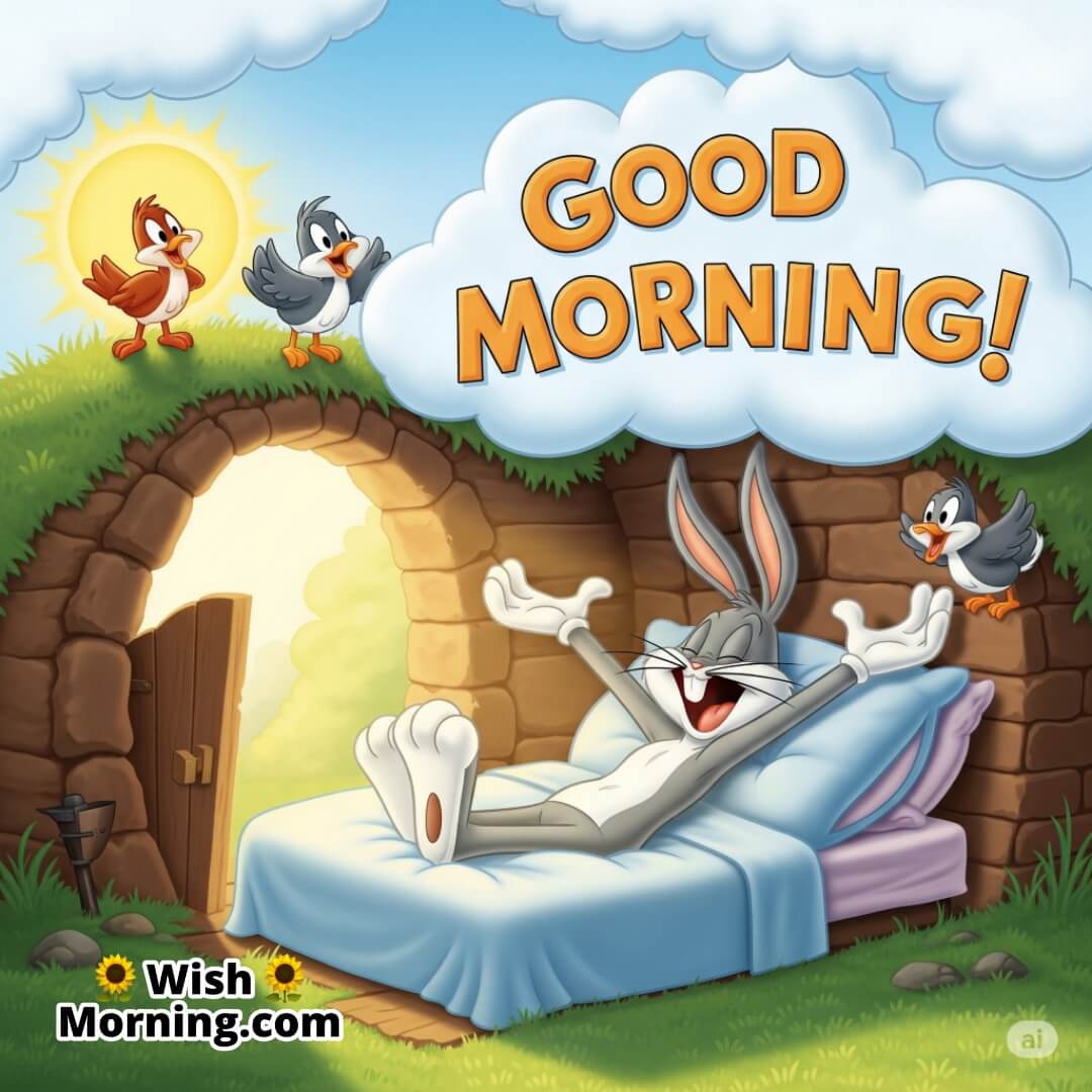Bugs Bunny waking up cheerfully in his burrow with sunlight and birds, beginning a bright Looney Tunes morning.