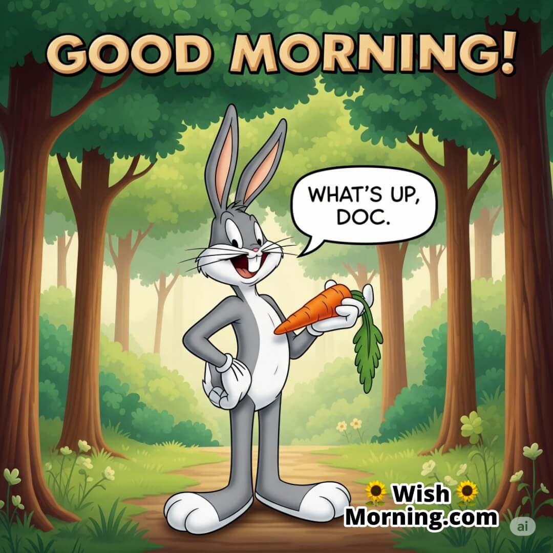 Bugs Bunny delivering his iconic line in a bright morning forest, playful cartoon scene.