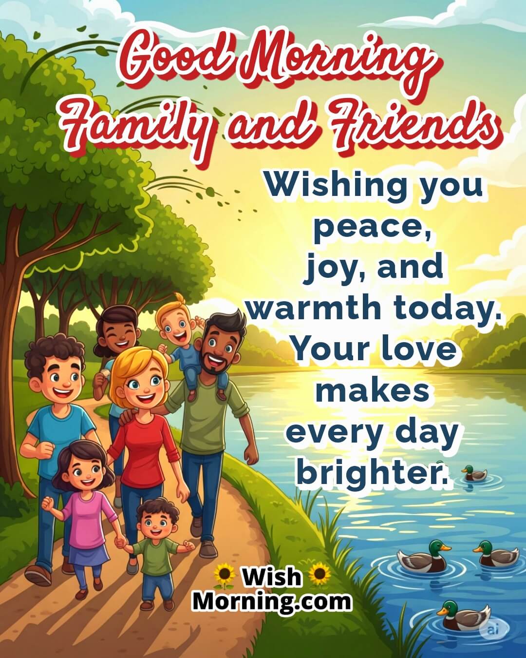 Good Morning Family And Friends Message Featuring a peaceful sunrise walk by the lake, symbolizing harmony and joy among loved ones.