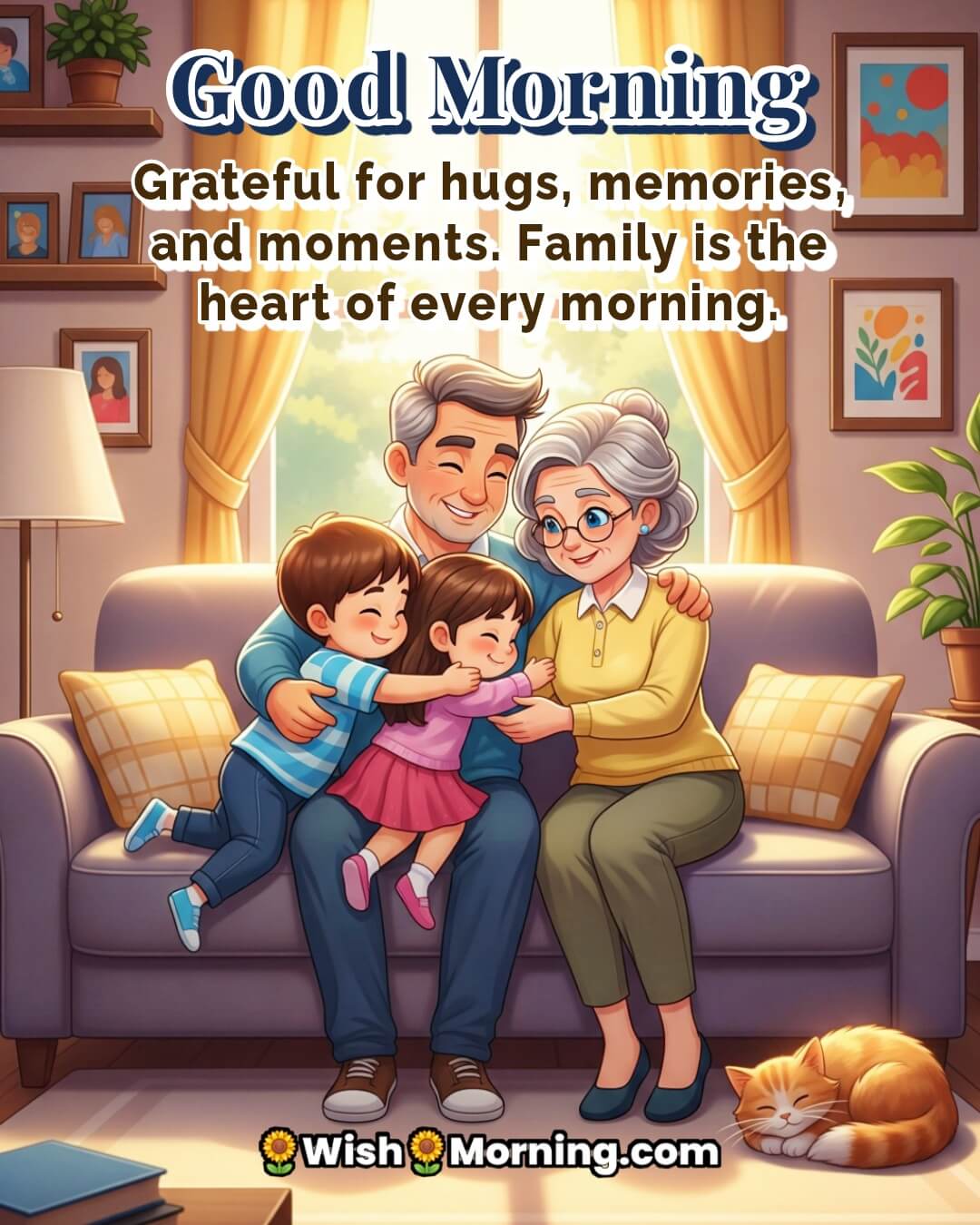 Good Morning Family and Friends image Featuring a cozy morning hug with grandparents, symbolizing gratitude and emotional connection.