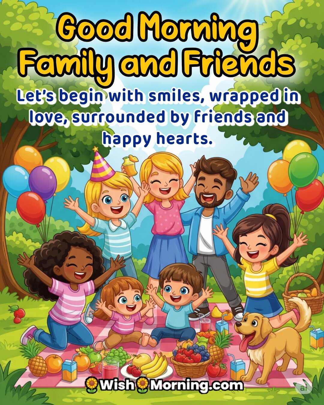Good Morning Family And Friends Smile Quote Featuring a joyful picnic moment with happy faces, symbolizing positivity and togetherness.