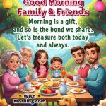 Good Morning Family And Friends Wish Featuring a joyful garden breakfast with loved ones, symbolizing togetherness and morning blessings.