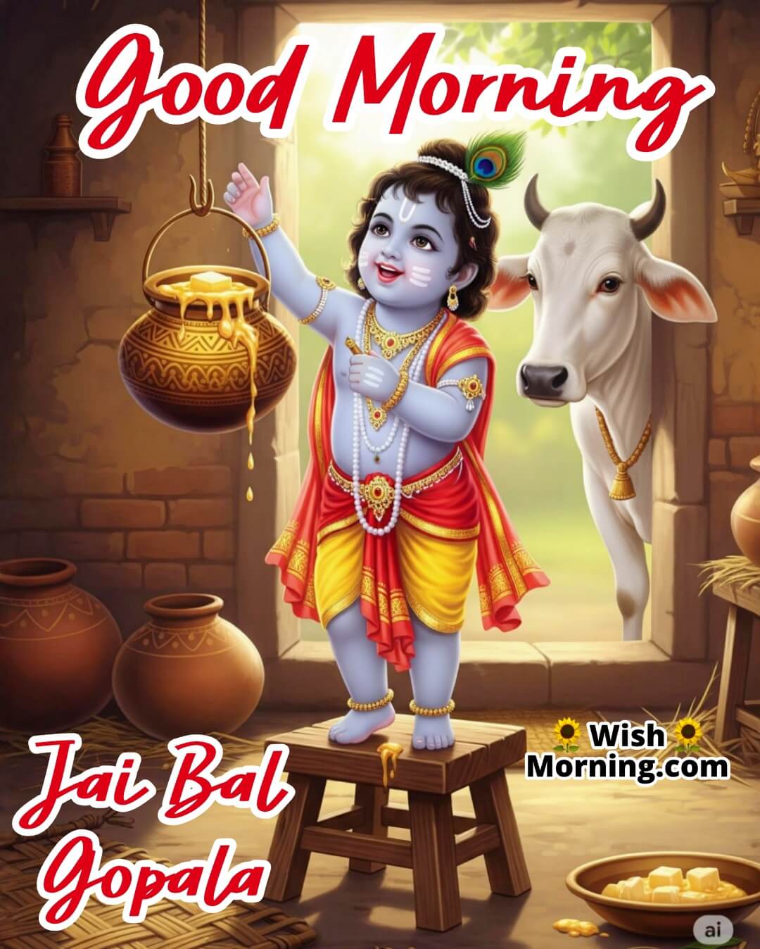 Spiritual Good Morning image of Bal Krishna stealing butter, with greeting Jai Gopala symbolizing innocence and divine joy.