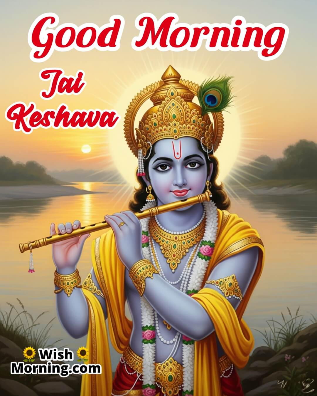 Spiritual Good Morning Krishna image with river sunrise, hailing Keshava as bringer of light and protection.