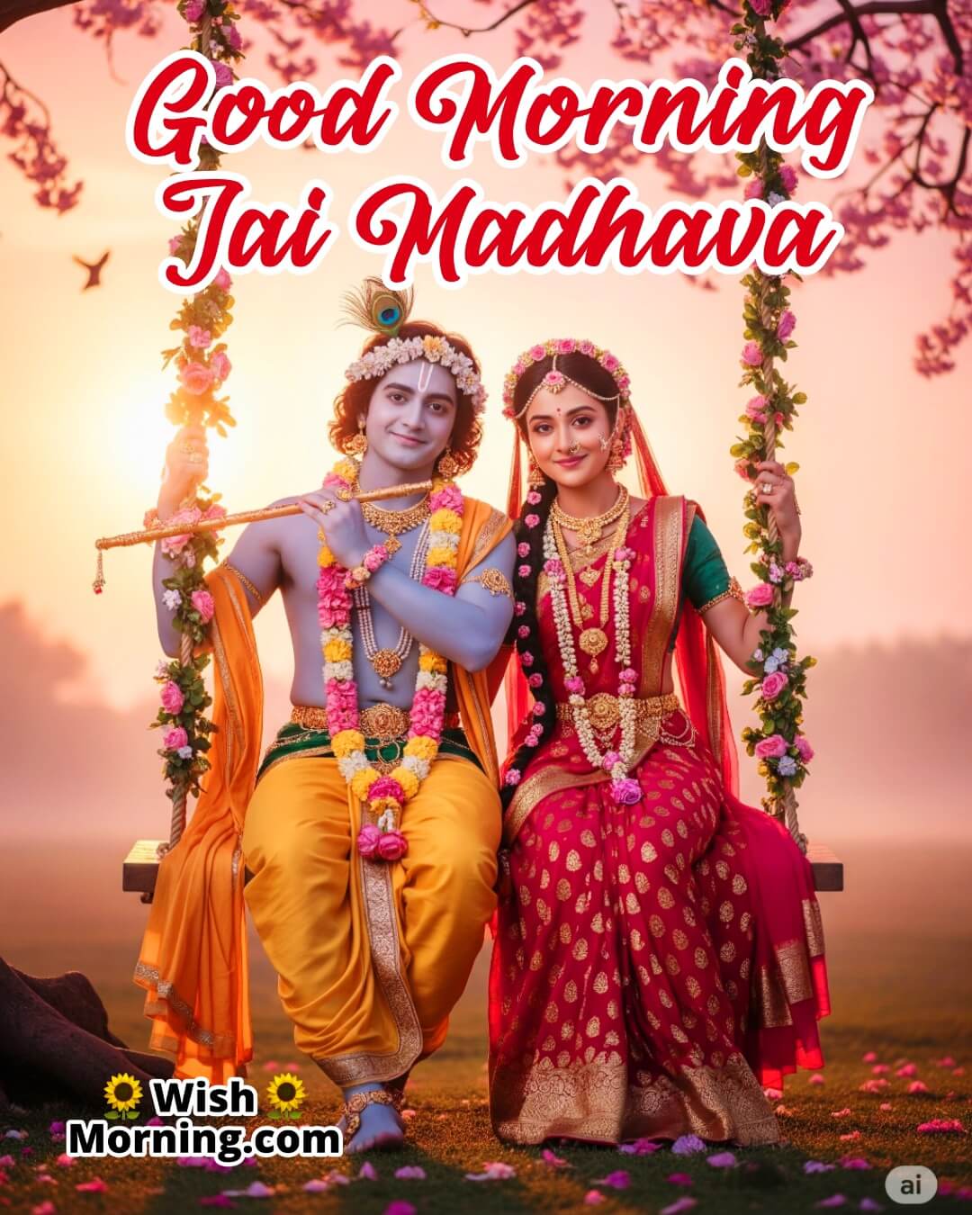 Spiritual Good Morning image of Radha Krishna in loveful harmony, with Jai Madhava greeting.