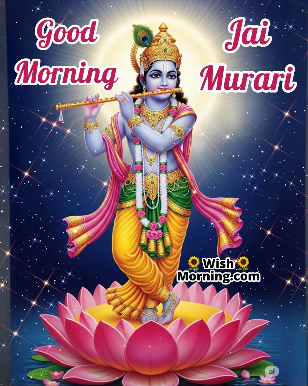 Spiritual Good Morning Krishna image with Jai Murari greeting, symbolizing victory over darkness and inner strength.