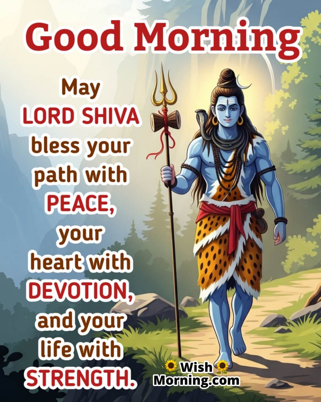 Good Morning Lord Shiva Blessings featuring Shiva walking calmly in sunrise, symbolizing divine blessings and peace on life’s path