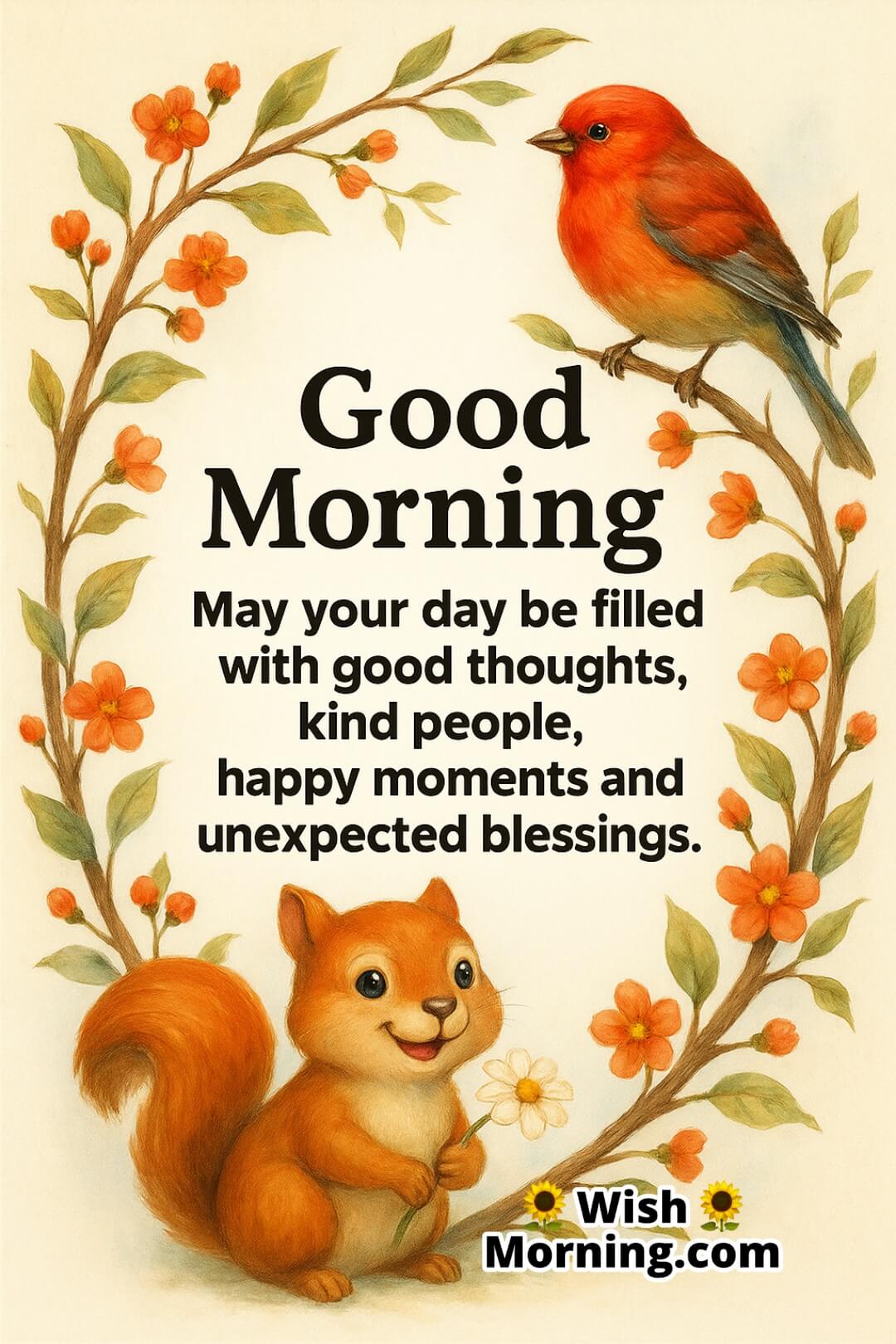 Good Morning message image featuring colorful birds on blooming branches, symbolizing a joyful and blessed start to the day.