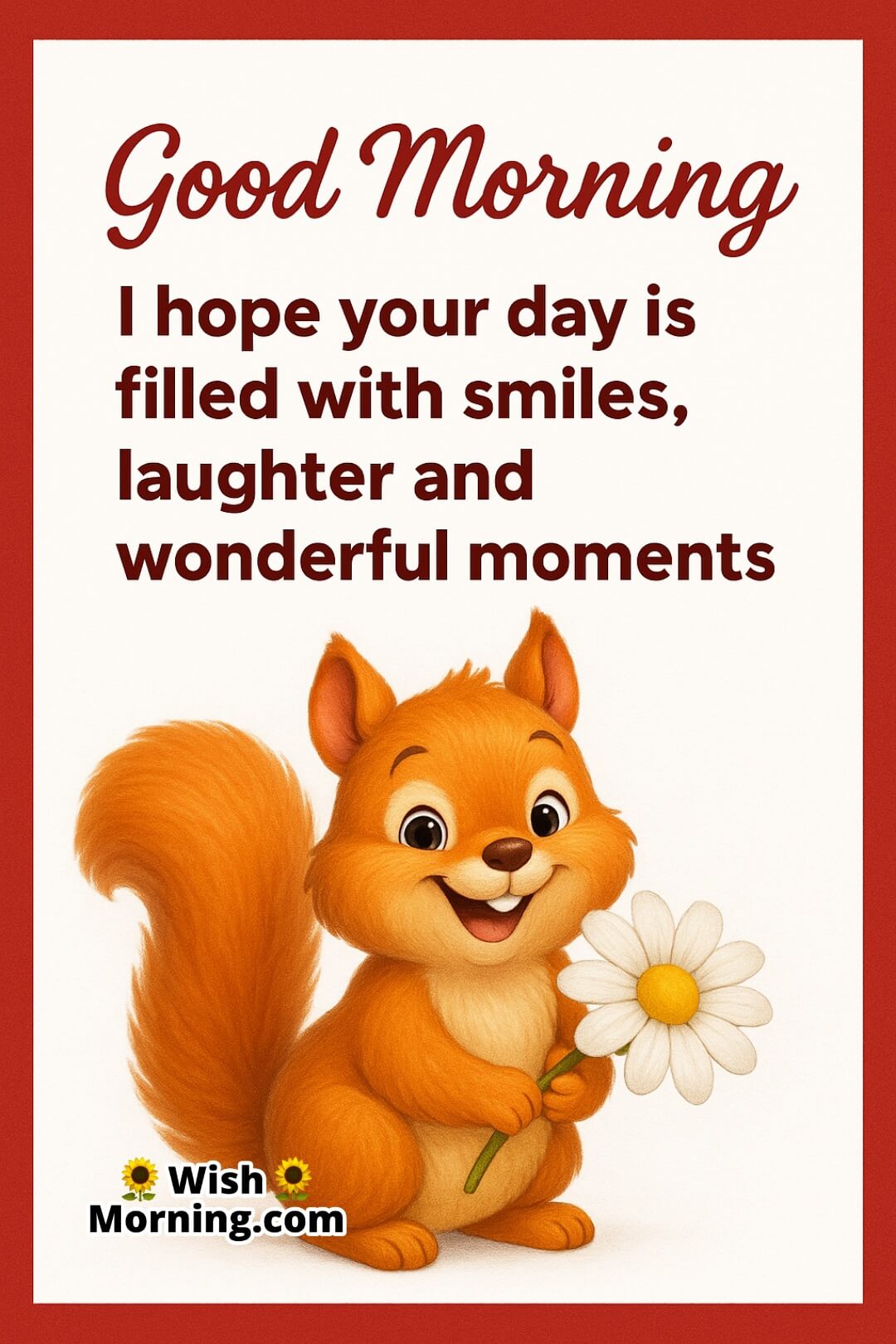 Good Morning image featuring a cute cartoon squirrel with a flower, symbolizing cheerful smiles and a happy day ahead.