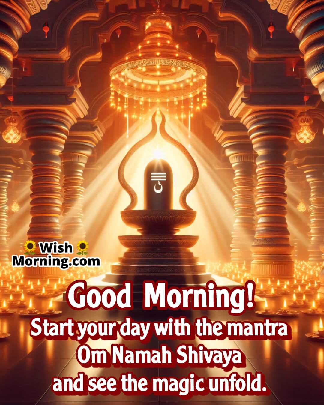 Good Morning Shiva image with Shivling and sunrise mantra glow, symbolizing sacred beginnings.
