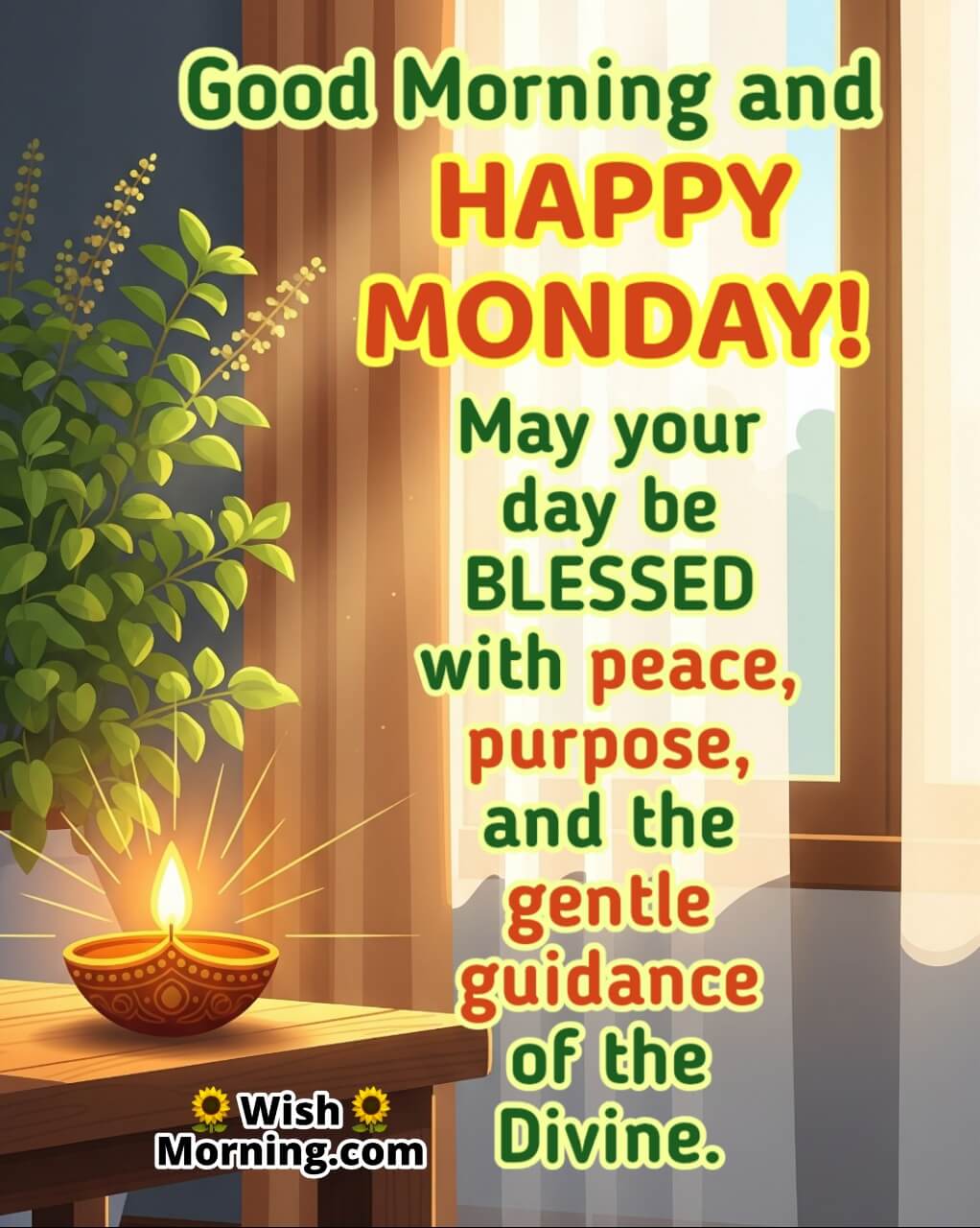 Good Morning Monday Blessing Message with Peaceful Vibes image featuring a glowing diya on a wooden table with morning light symbolizing divine grace, peace, and inner calm