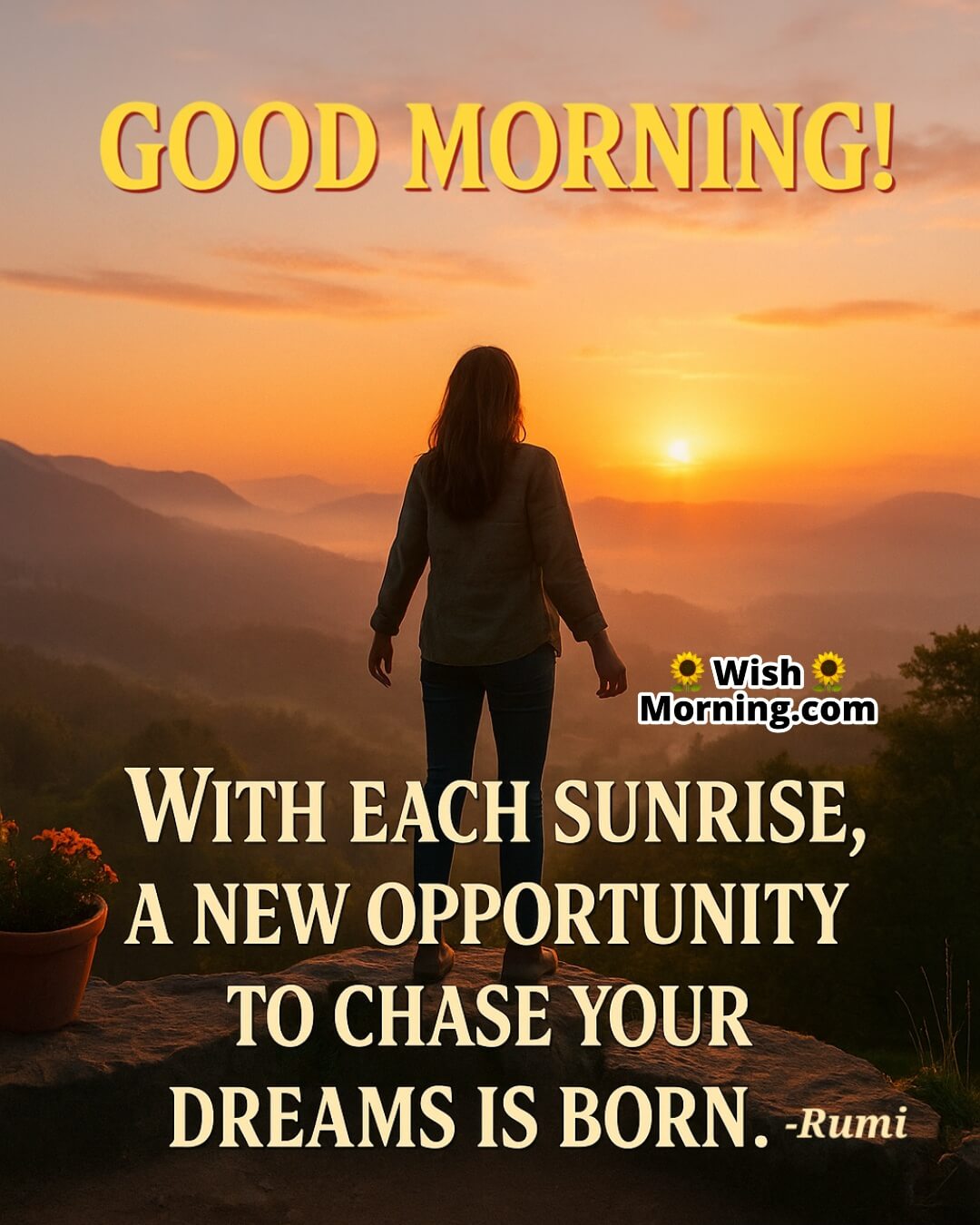 Good Morning Rumi Quote featuring a woman on a mountain at sunrise, symbolizing new beginnings and dream pursuit.
